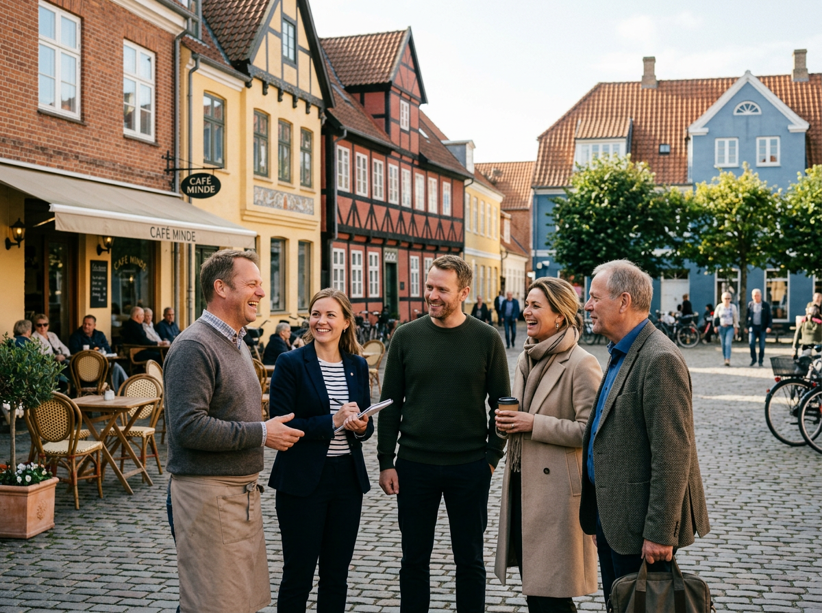 Lokale erhvervsdrivende og kommunale medarbejdere i samtale på et torv i en dansk bymidte