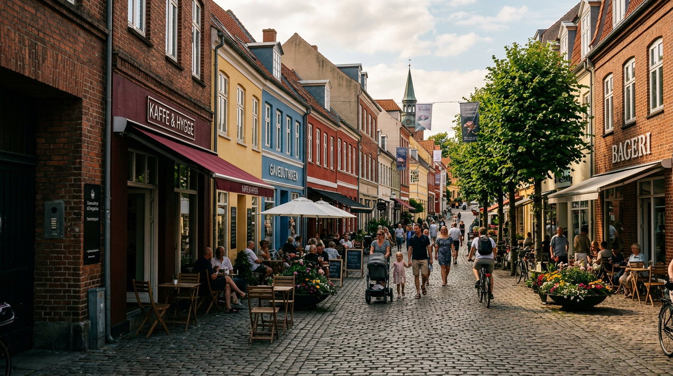 Levende dansk gågade med caféer, butikker og mennesker i dagslys