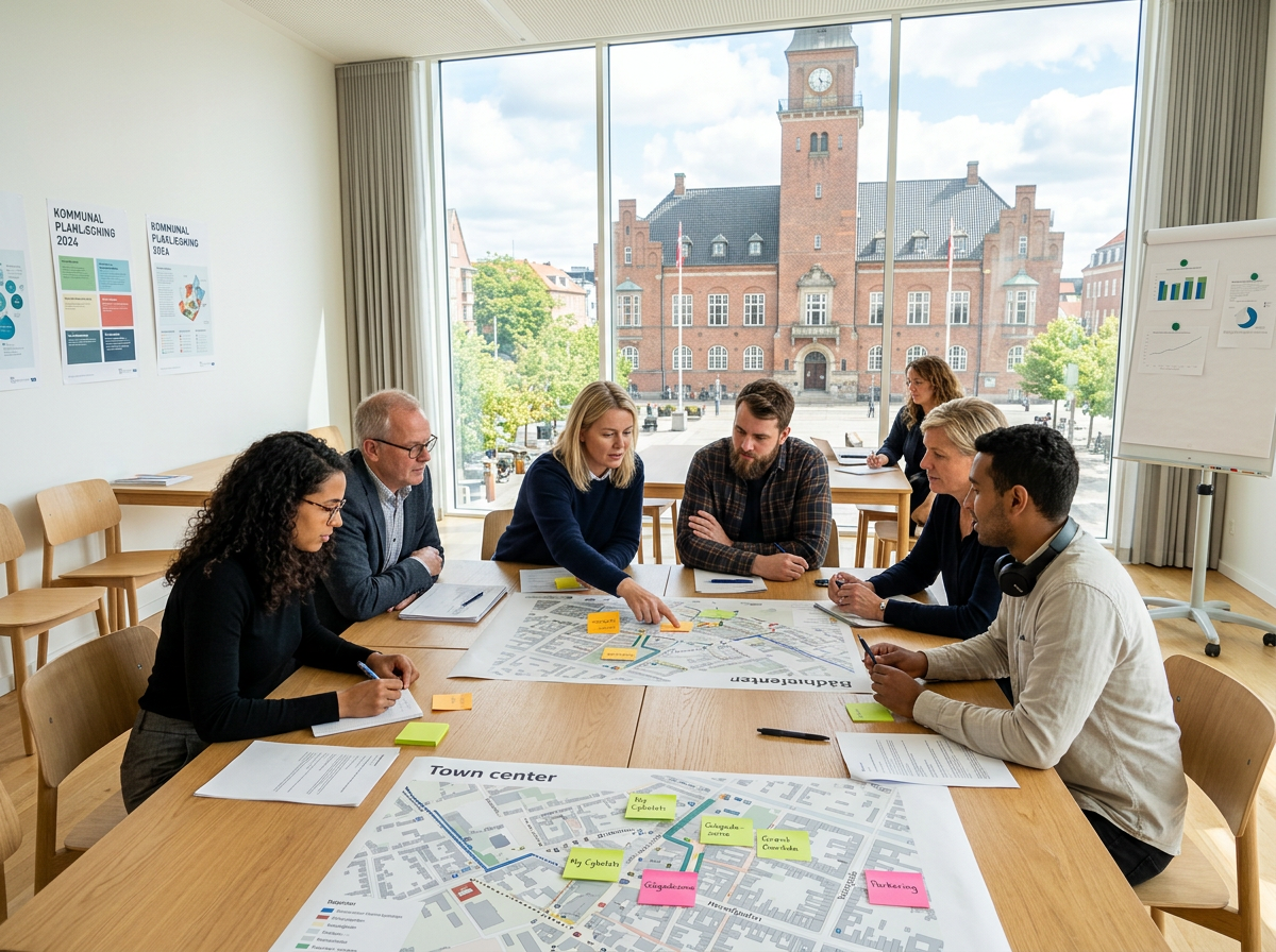 Kommunale medarbejdere ved en workshop om byudvikling med kort over bymidten