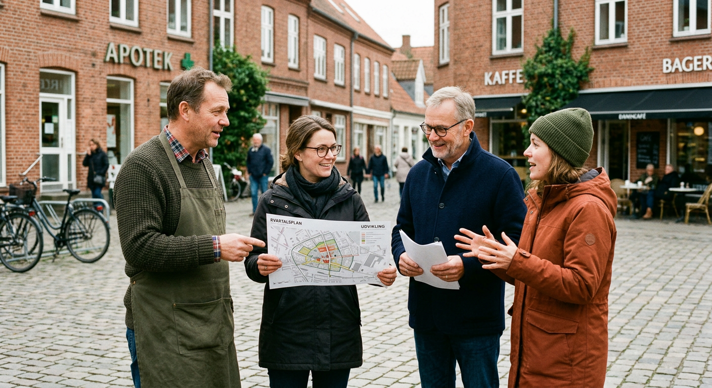 Butiksejer, kommunal planlægger, ejendomsejer og frivillig fra en lokal forening drøfter planer for byen på et torv
