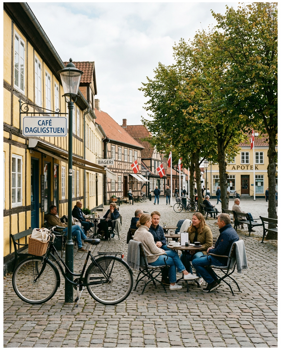 Dansk torv med caféliv, butikker og mennesker på bænke