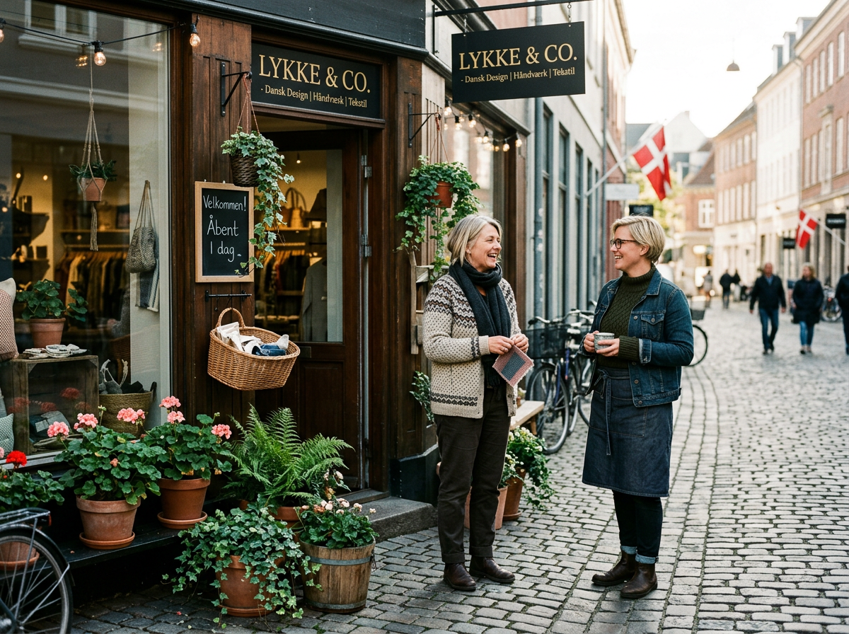 To lokale butiksejere i samtale foran en butik i en dansk gågade